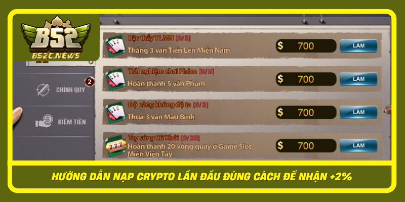 Nạp Crypto Lần Đầu Trên 100k +2% Tối Đa 500k Tại B52Club 2 Huong Dan Nap Crypto Lan Dau Dung Cach De Nhan 2